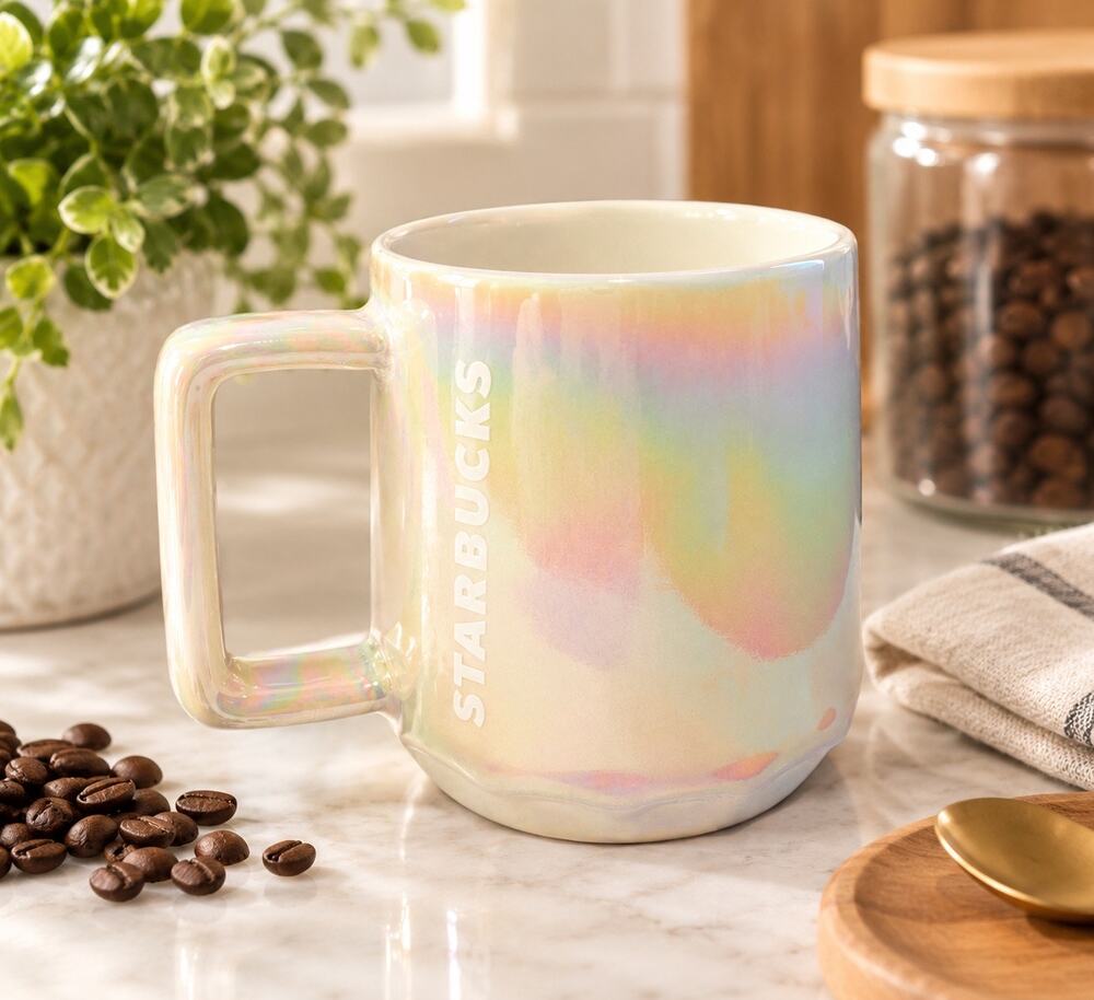 Starbucks 2019 White Iridescent Rainbow Drip Ceramic Coffee Mug Cup 12 oz